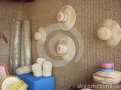 Hats and baskets made of â€œpurunâ€, traditional handicrafts typical of the â€œbanjarâ€ tribe Editorial Stock Photo